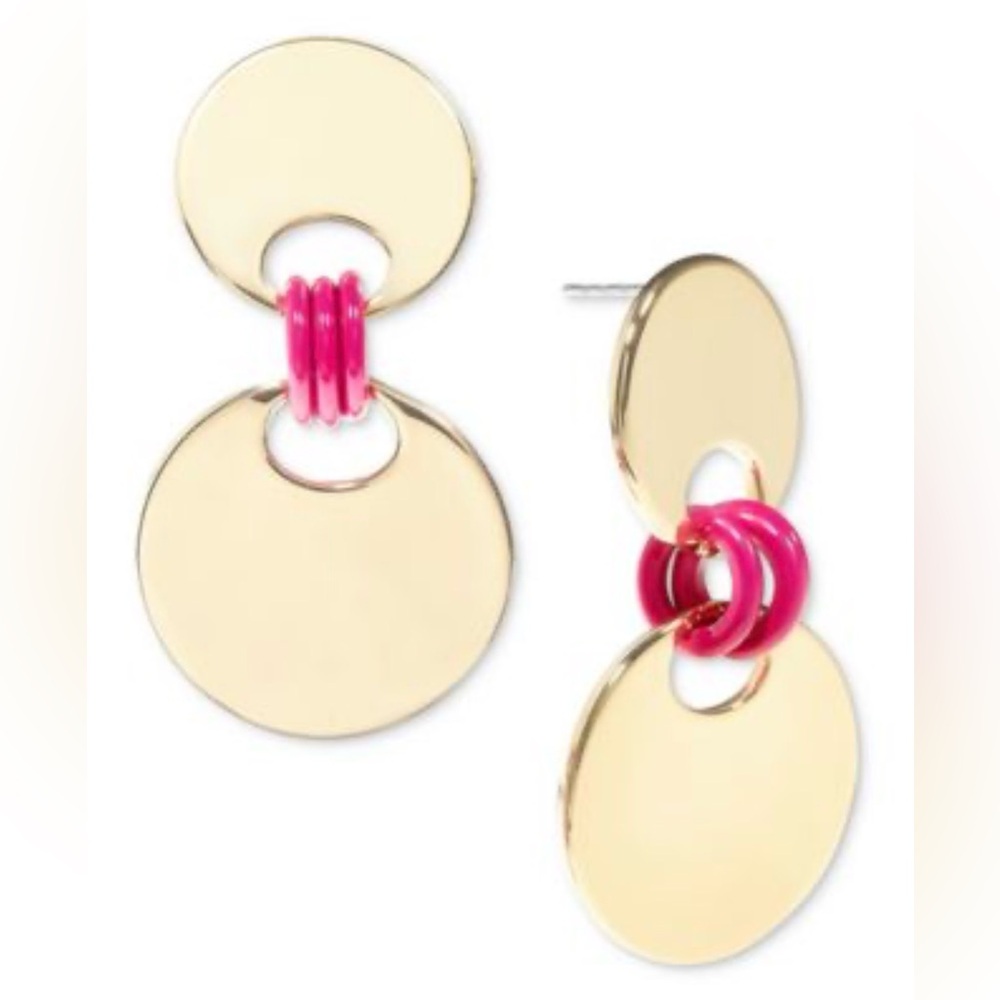 Gold-Tone Disc & Pink/Red Ring Drop Post Earrings MSRP $39.50